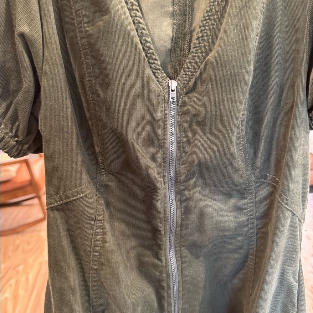 Olive Green Corduroy Puff Sleeve with Pockets Zip-Front Dress - Picture 9 of 9
